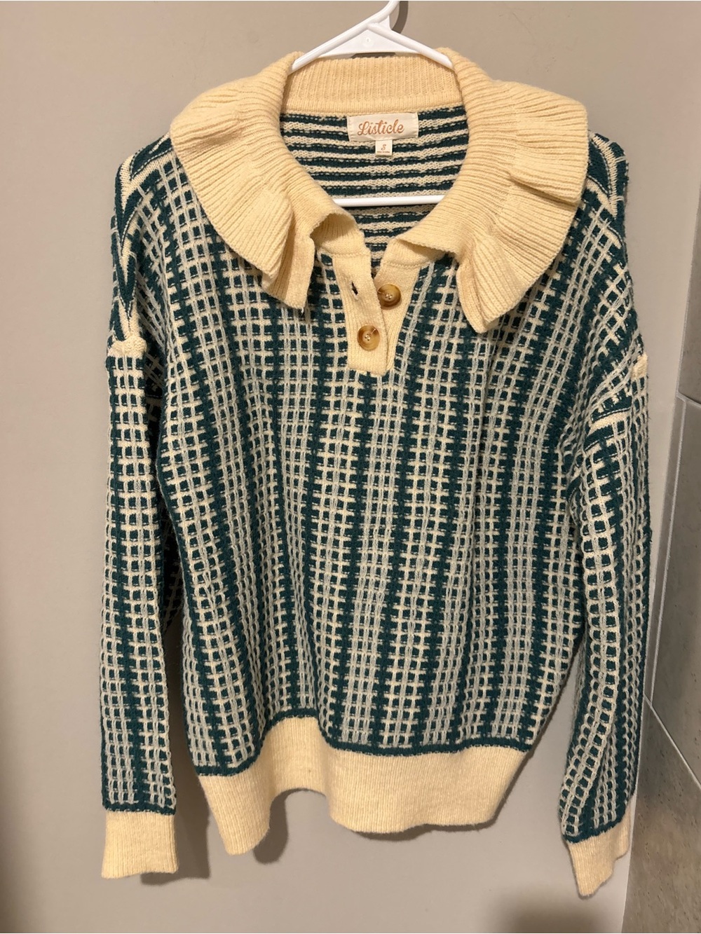 Listicle Teal & Cream Knit Collared Sweater